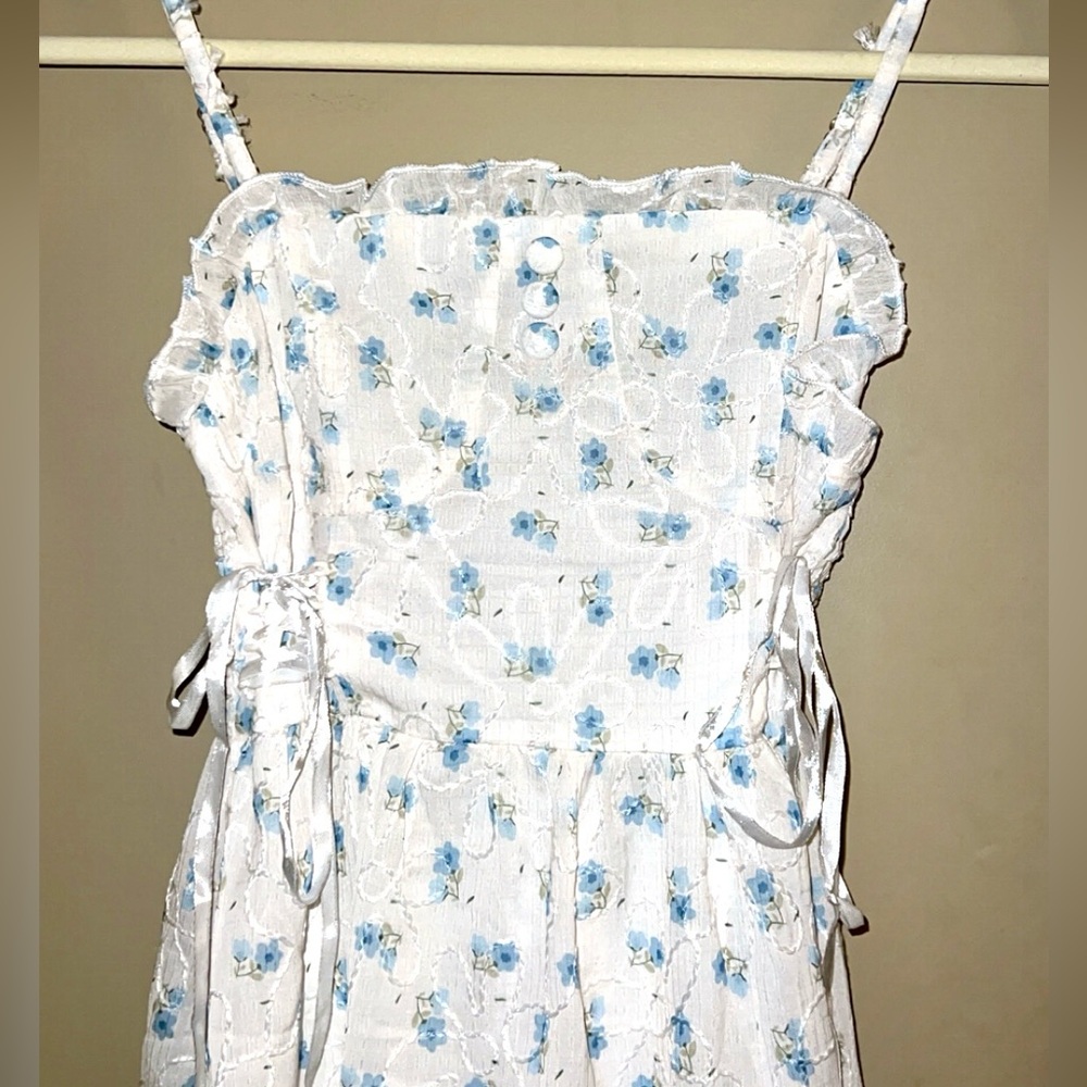 Floral Lace Dress with Blue Flowers - Adjustable Strap and Waist